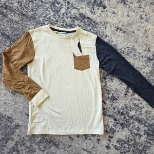 Denim & Flower Cream, Brown, and Blue Kids Long Sleeve Tee